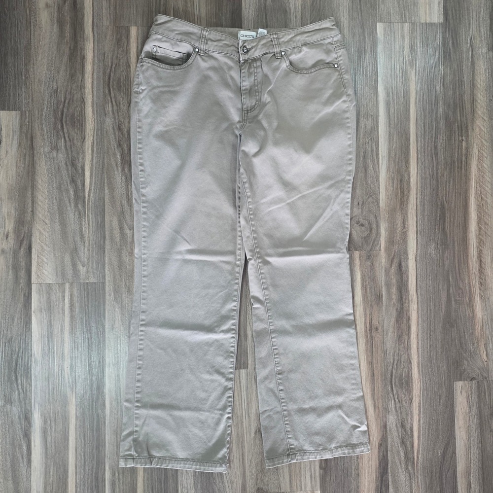 Chicos Platinum Denim Tan Khaki Straight Leg Pants Rhinestone Size 1 US 8